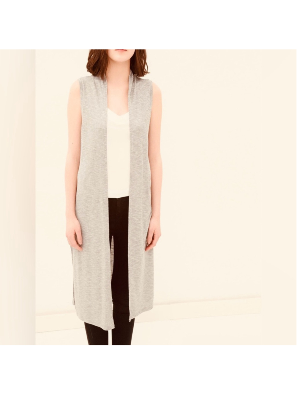 Camber & Grace Heathered Cream Open Front Long Sweater Vest Cardigan Size S